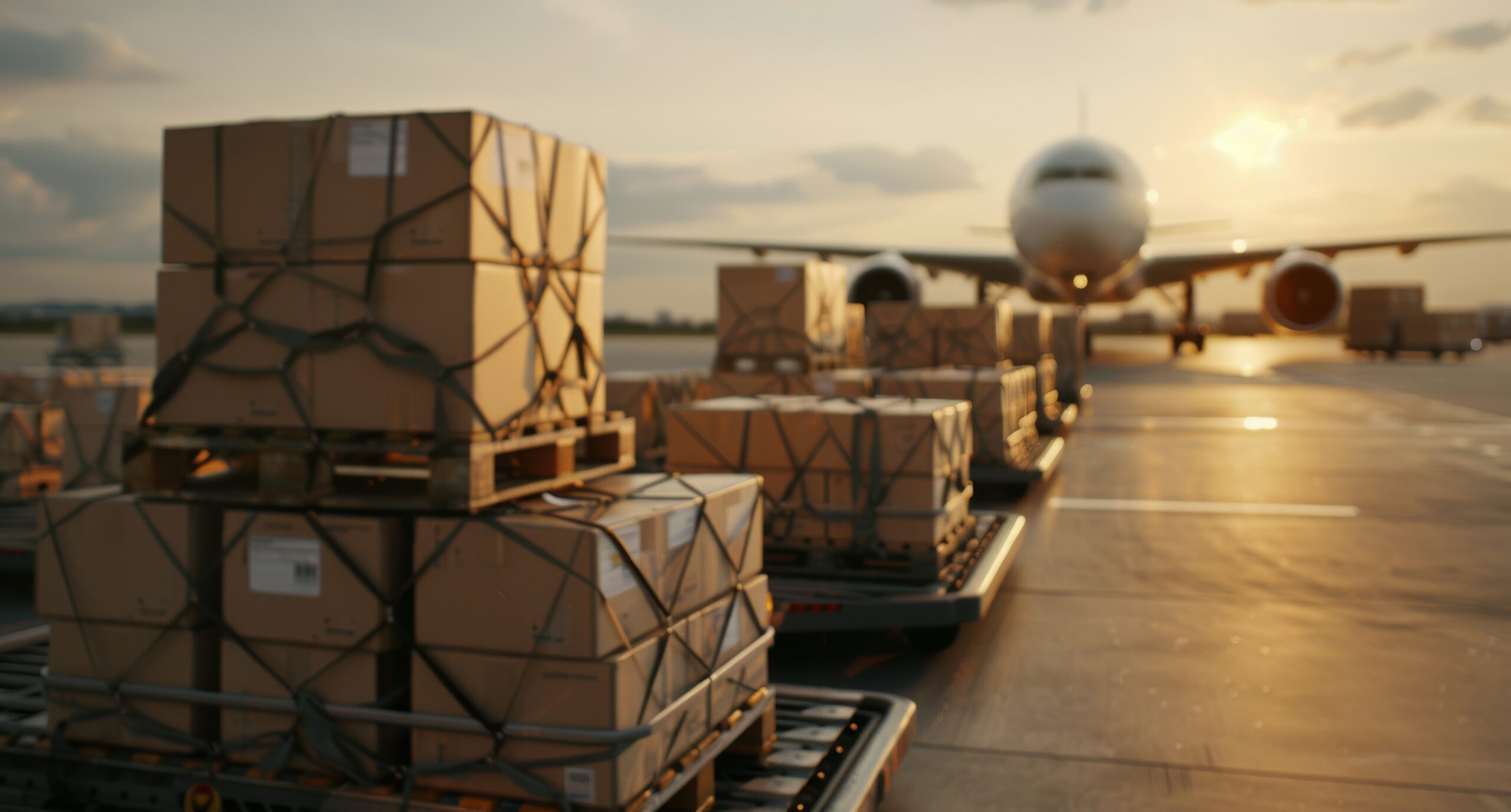 A cargo plane is parked at an airport during sunset. The plane is in the background, and a stack of cargo boxes is in the foreground. The boxes are secured with straps and wrapped in plastic.